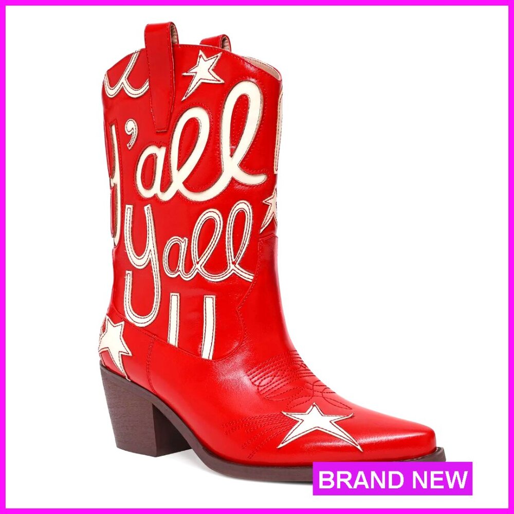 Metallic Cowboy Boots Mid Calf Low Heel Pointed Toe Western Pull On